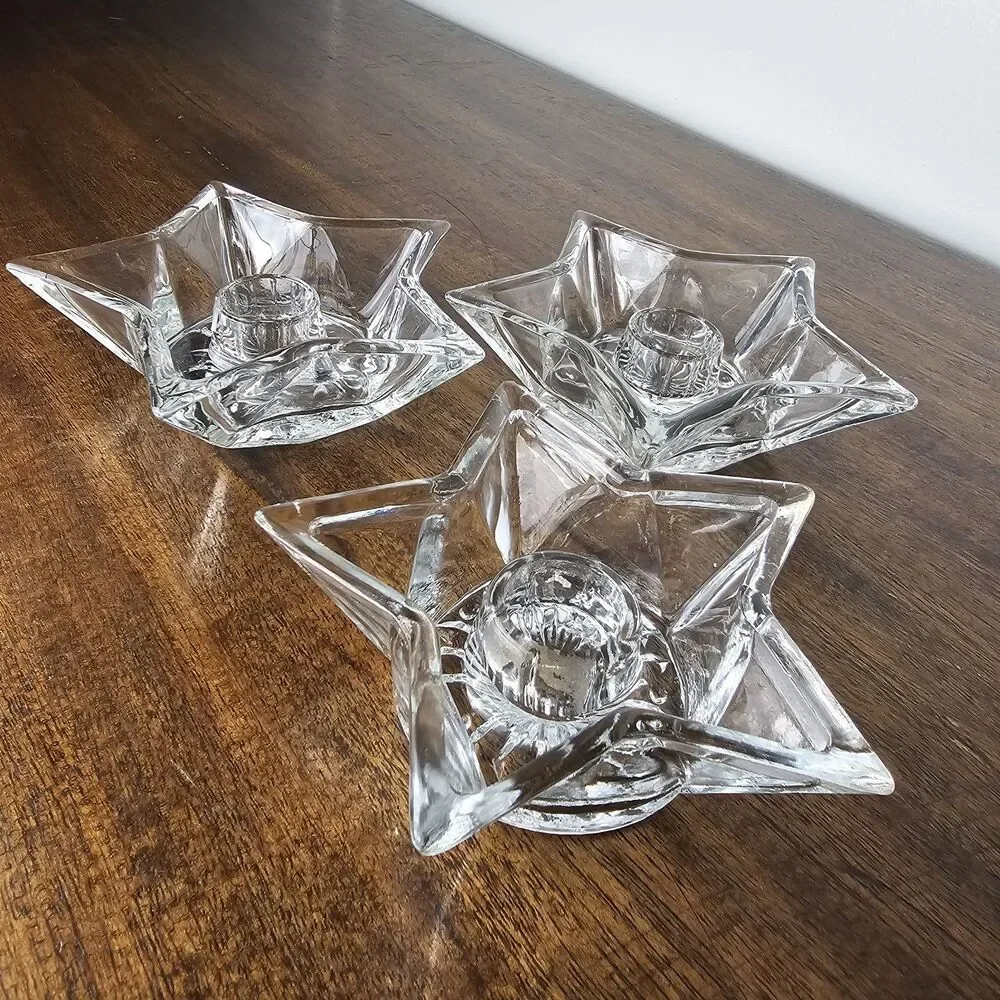 Set of 3 Vintage Clear Glass 5-Point Star Taper Candle Holders Celestial Decor